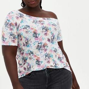 Super Soft Floral Skull Off Shoulder Tee
